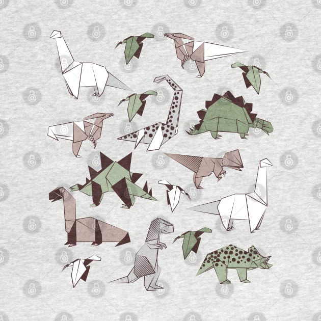 Origami dino friends // print // green white and beige dinosaurs by SelmaCardoso